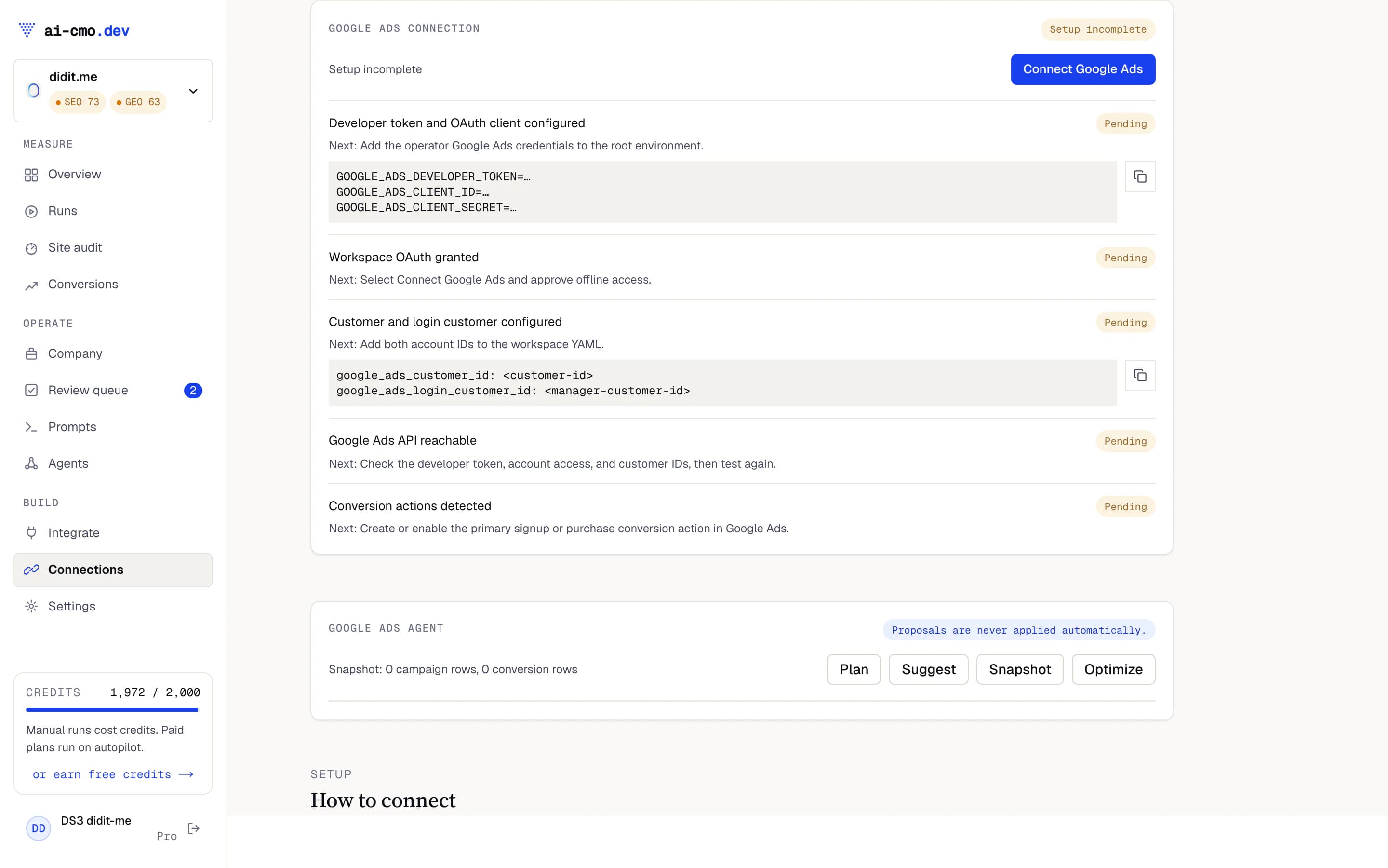 The Google Ads connection page for didit.me: the connector checklist with each setup step and its status, before any account is connected