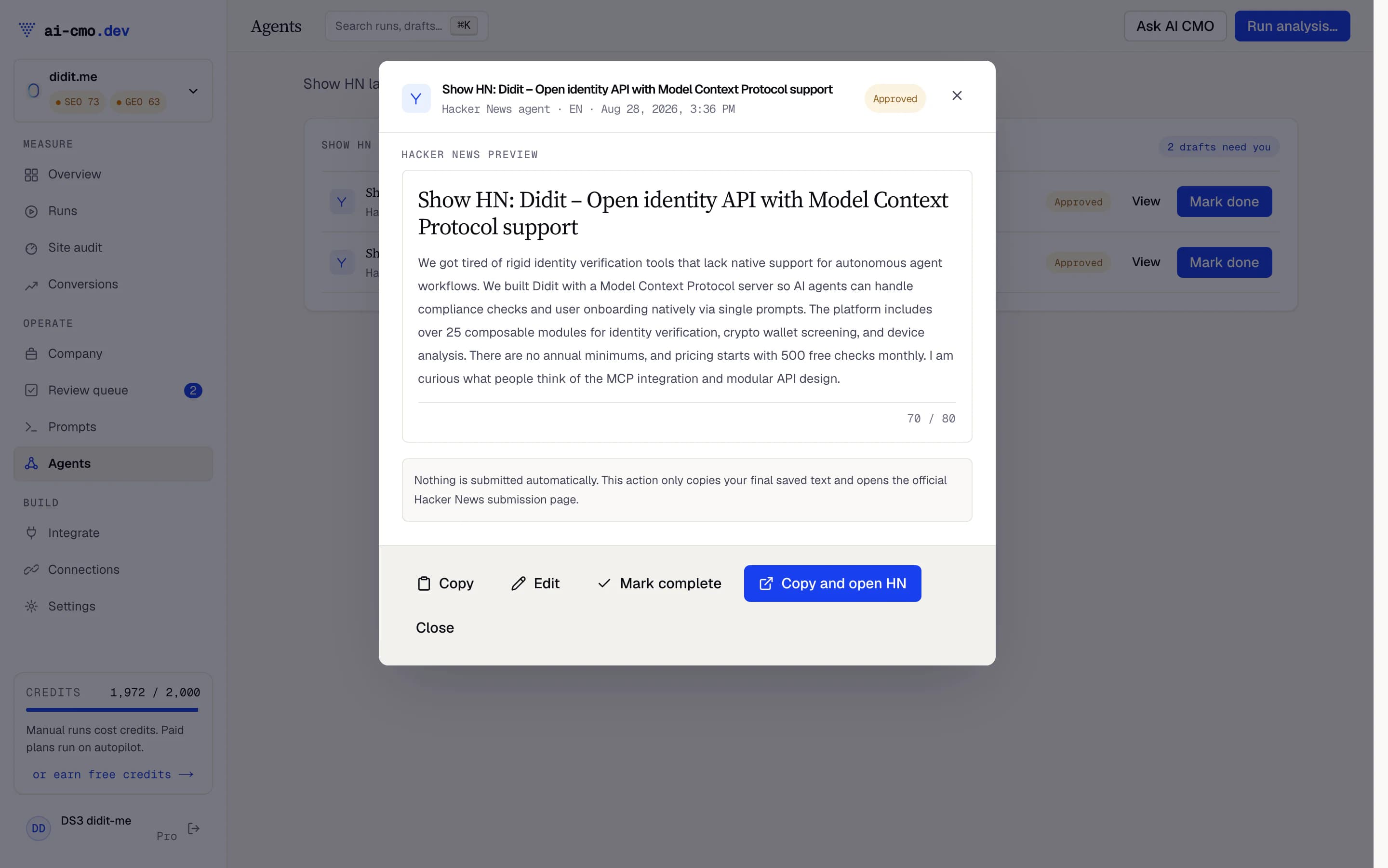 Two Show HN draft variants for ai-cmo.dev in the review queue