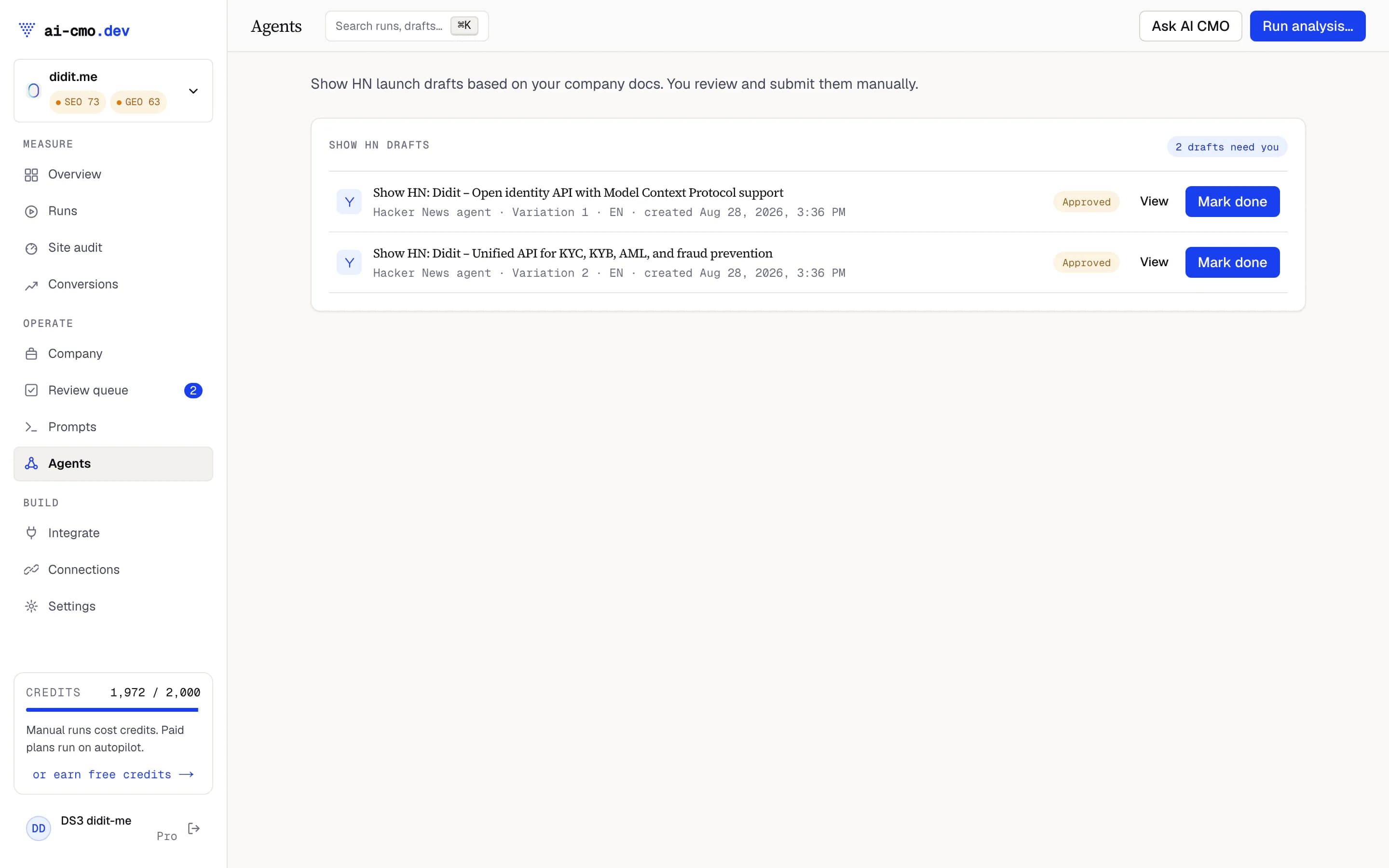 Two Show HN draft variants for ai-cmo.dev in the review queue