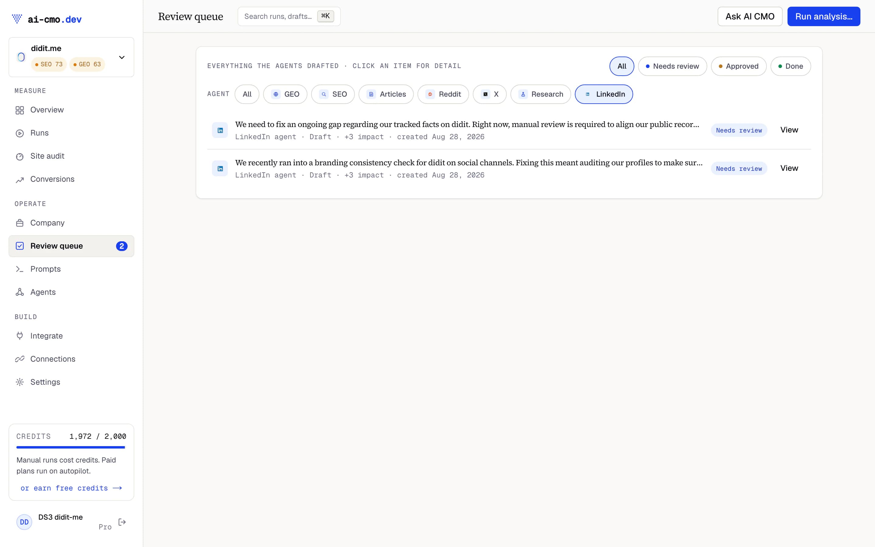 A LinkedIn founder post draft for ai-cmo.dev, linked to the shipped fix it describes
