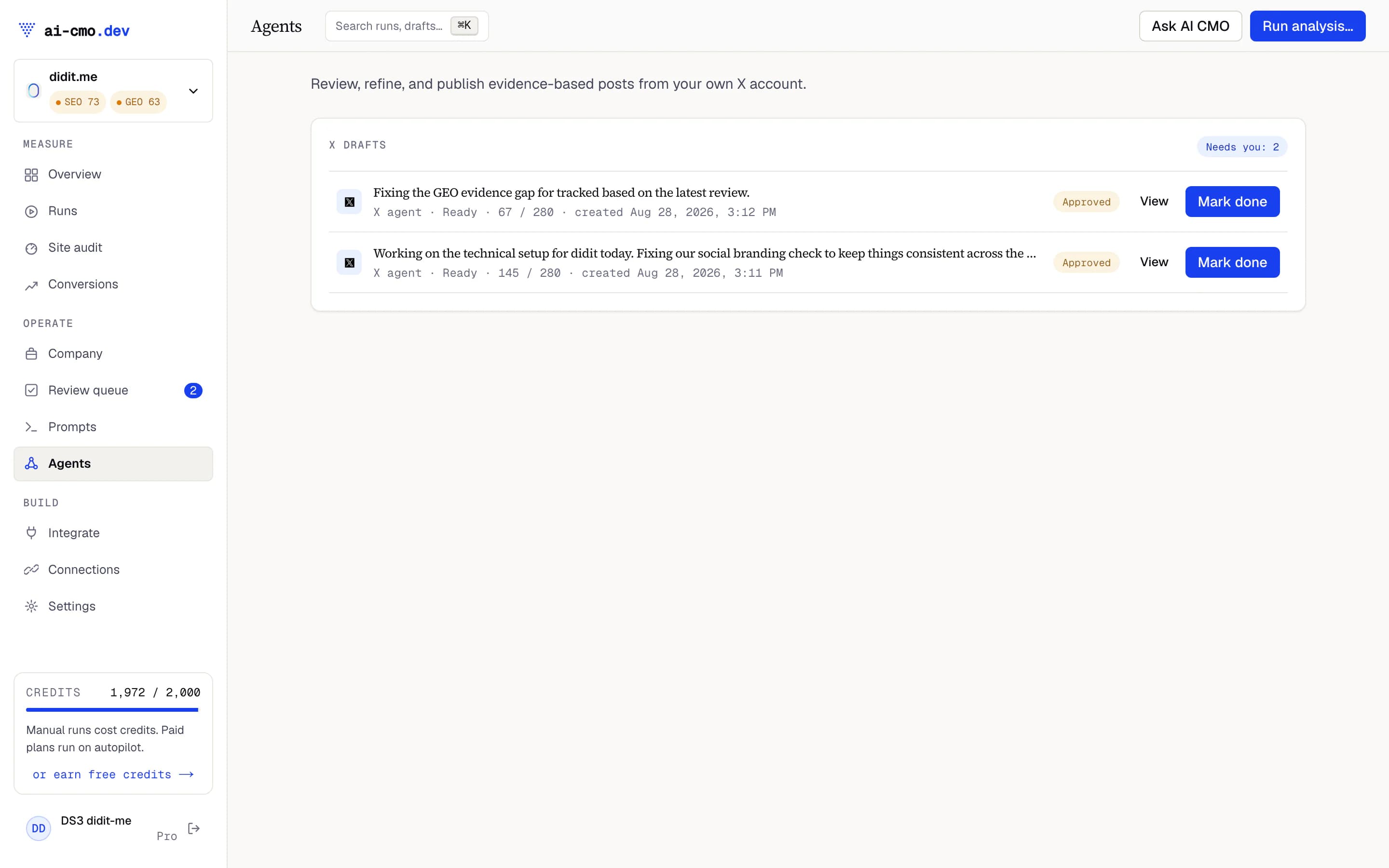 An X post draft for ai-cmo.dev in the review queue, source question attached