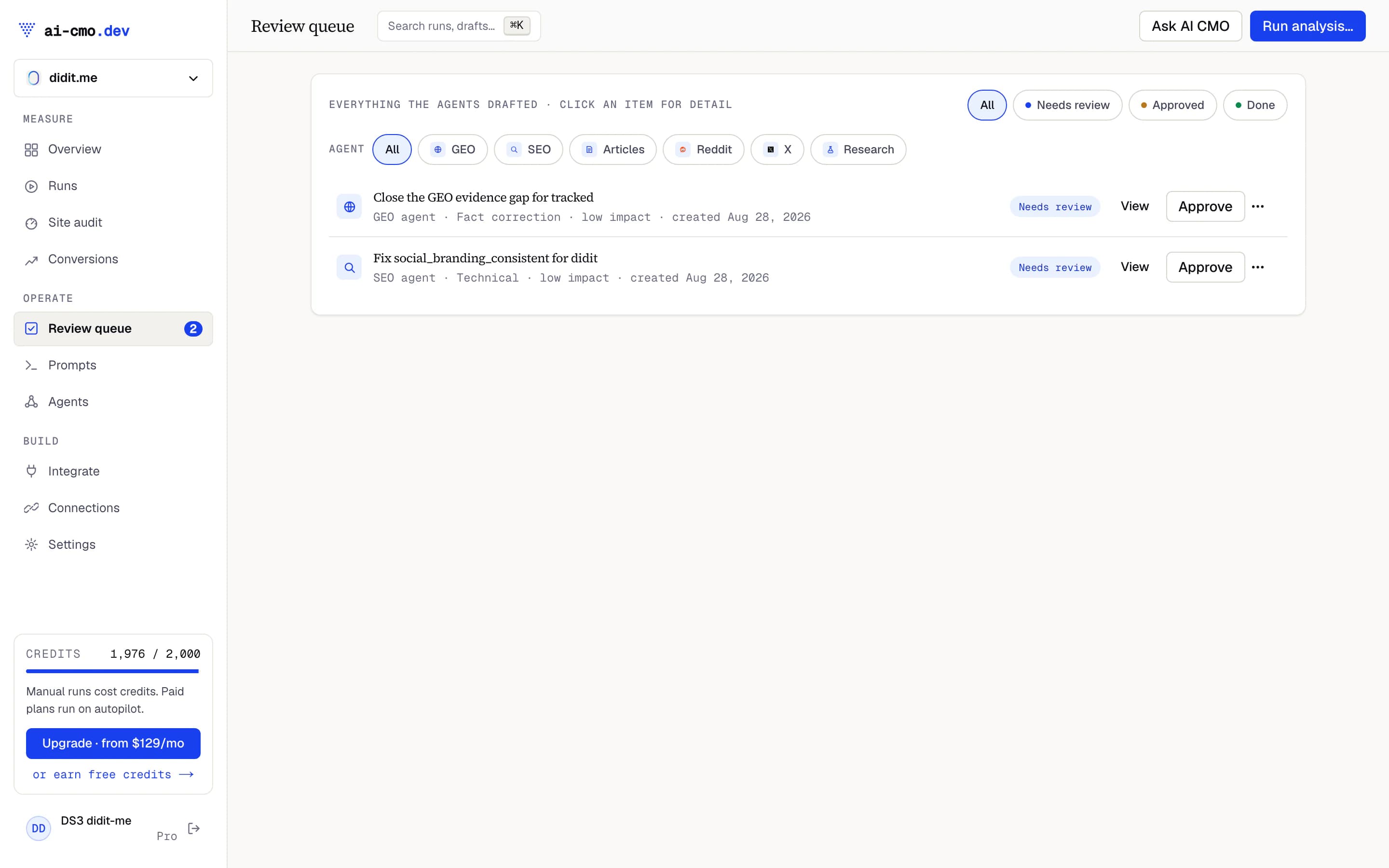 Review queue with two agent-drafted items awaiting approval
